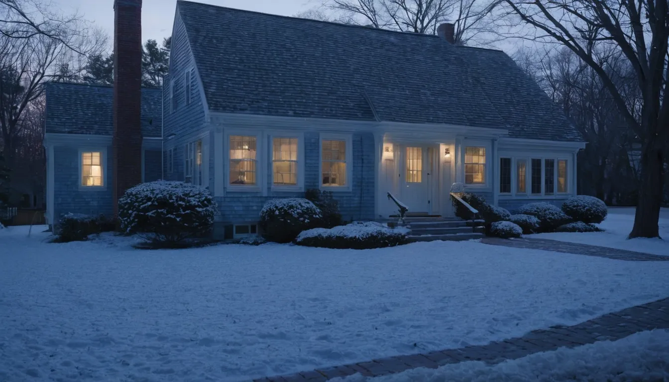 A snowy New Haven home with a warm lit bathroom window